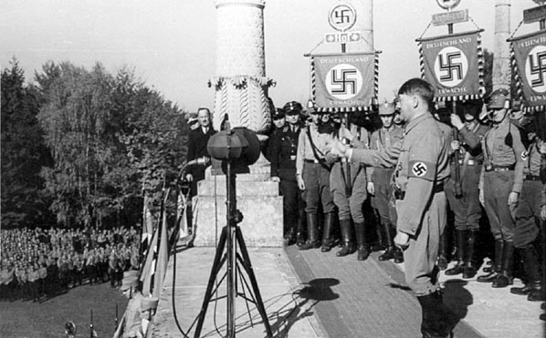 Adolf Hitler gives a speech at the Befreiungshalle in Kelheim